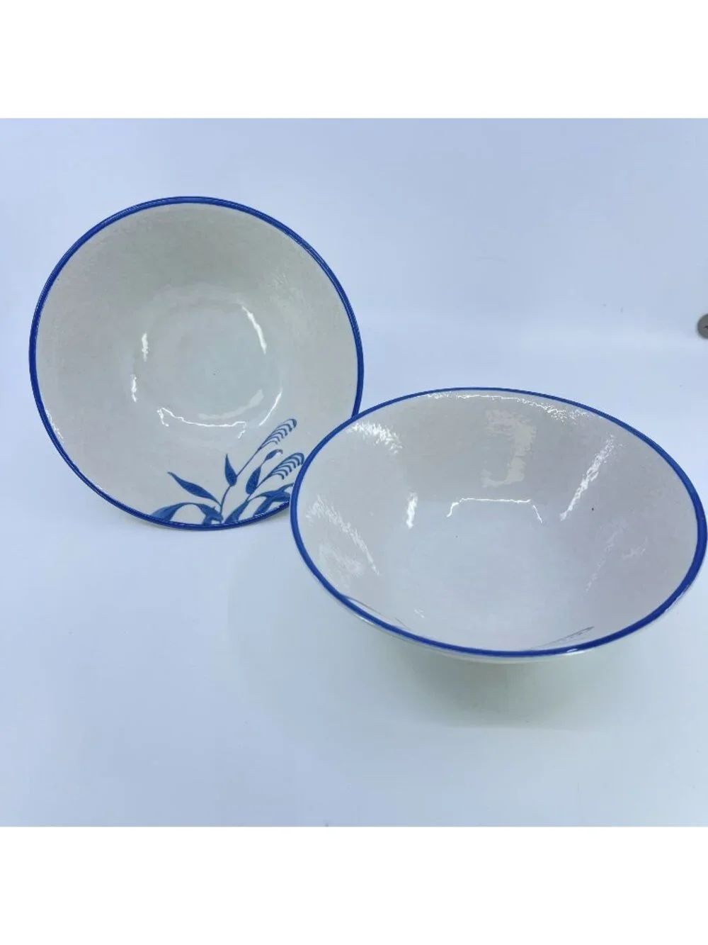 vintage asian ceramic bowls with blue floral design and ribbed base set of 2